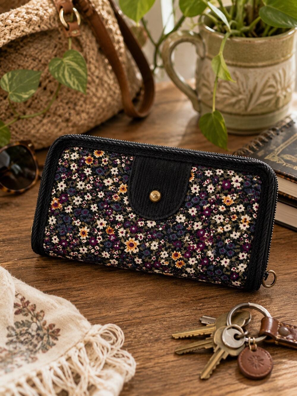 LEI Floral Zip Around Wallet Clutch Black Corduroy Organizer Boho Cottagecore